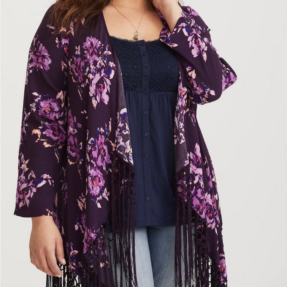 ❤️NWT VINTAGE TORRID FLORAL PRINT KIMONO FRINGE HEM SEMI-SHEER CREPE PLUS SIZE 1 - Picture 6 of 8